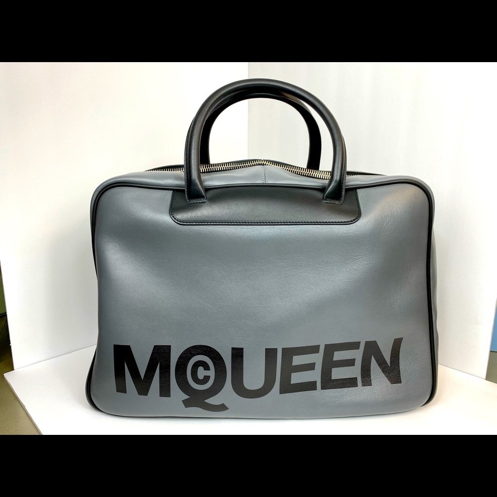 Alexander McQueen Men’s Logo Print Grey Leather Weekend Duffle.